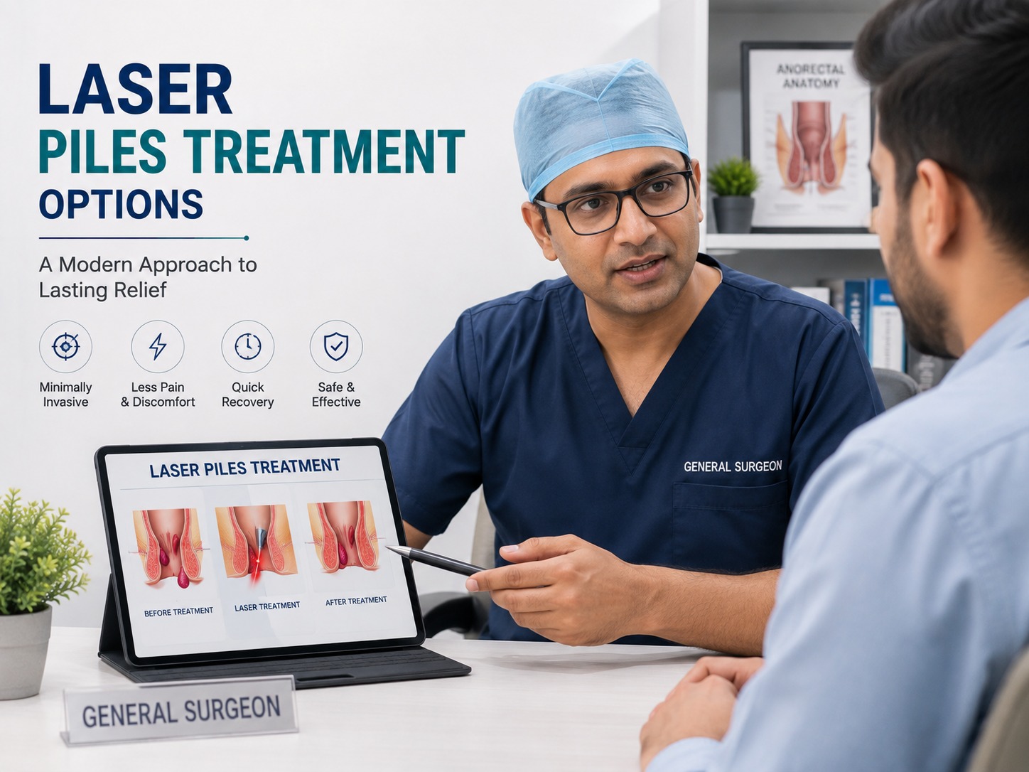 General surgeon explaining laser piles treatment options